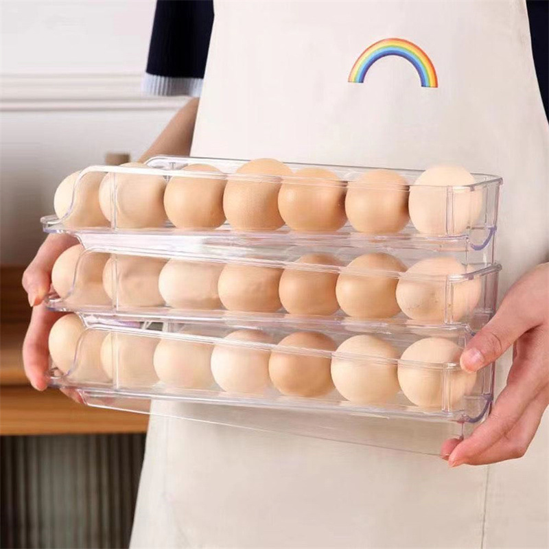 Wholesale Plastic Egg Storage Container 3 Tiers Automatic Rolling Egg Rack For Refrigerator