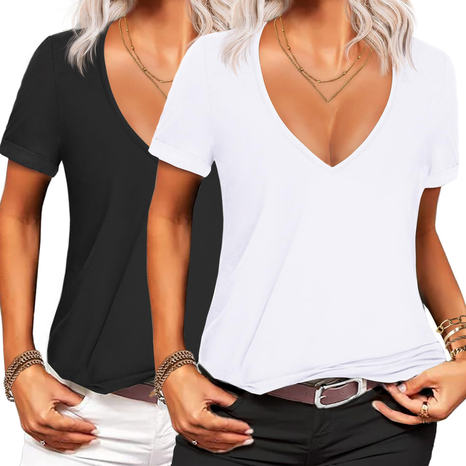 (S-3XL) Women's Deep V T-Shirt Summer Short Sleeve Loose Casual Tee Bamboo Cotton T Shirt Plain Low Cut Cleavage Tops For Women