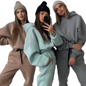 Custom Womens Oversize Blank Crop Sweatshirt Sweatpants Tracksuit Jogger Wear Suit Sweatsuit And Hoodie Sport Wear Set For Women