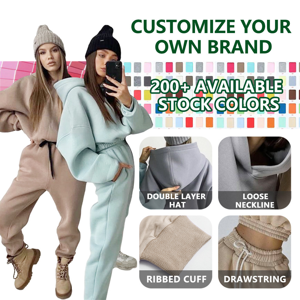 Custom Womens Oversize Blank Crop Sweatshirt Sweatpants Tracksuit Jogger Wear Suit Sweatsuit And Hoodie Sport Wear Set For Women