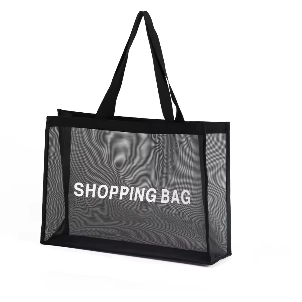 Custom Logo Black Grey Net Fruit Vegetable Carrying Grocery Tote Shoulder Nylon Mesh Shopping Bag