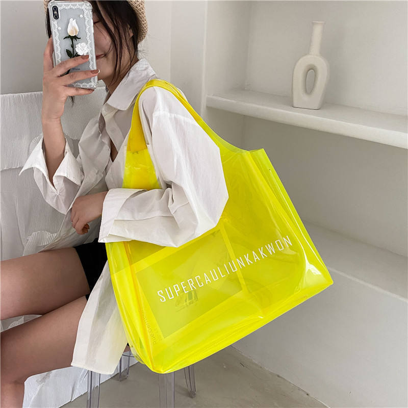 Custom logo large transparent jelly candy neon black yellow beach gift PVC shopping tote bag