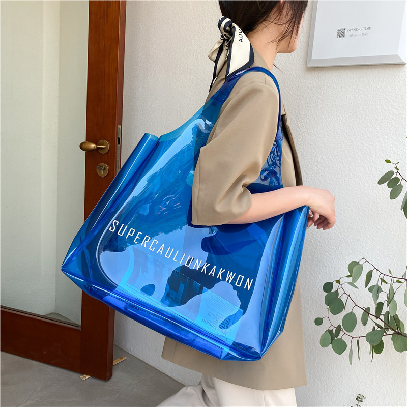 Custom logo large transparent jelly candy neon black yellow beach gift PVC shopping tote bag