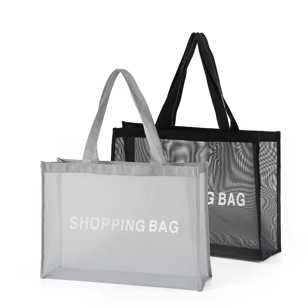 Custom Logo Black Grey Net Fruit Vegetable Carrying Grocery Tote Shoulder Nylon Mesh Shopping Bag