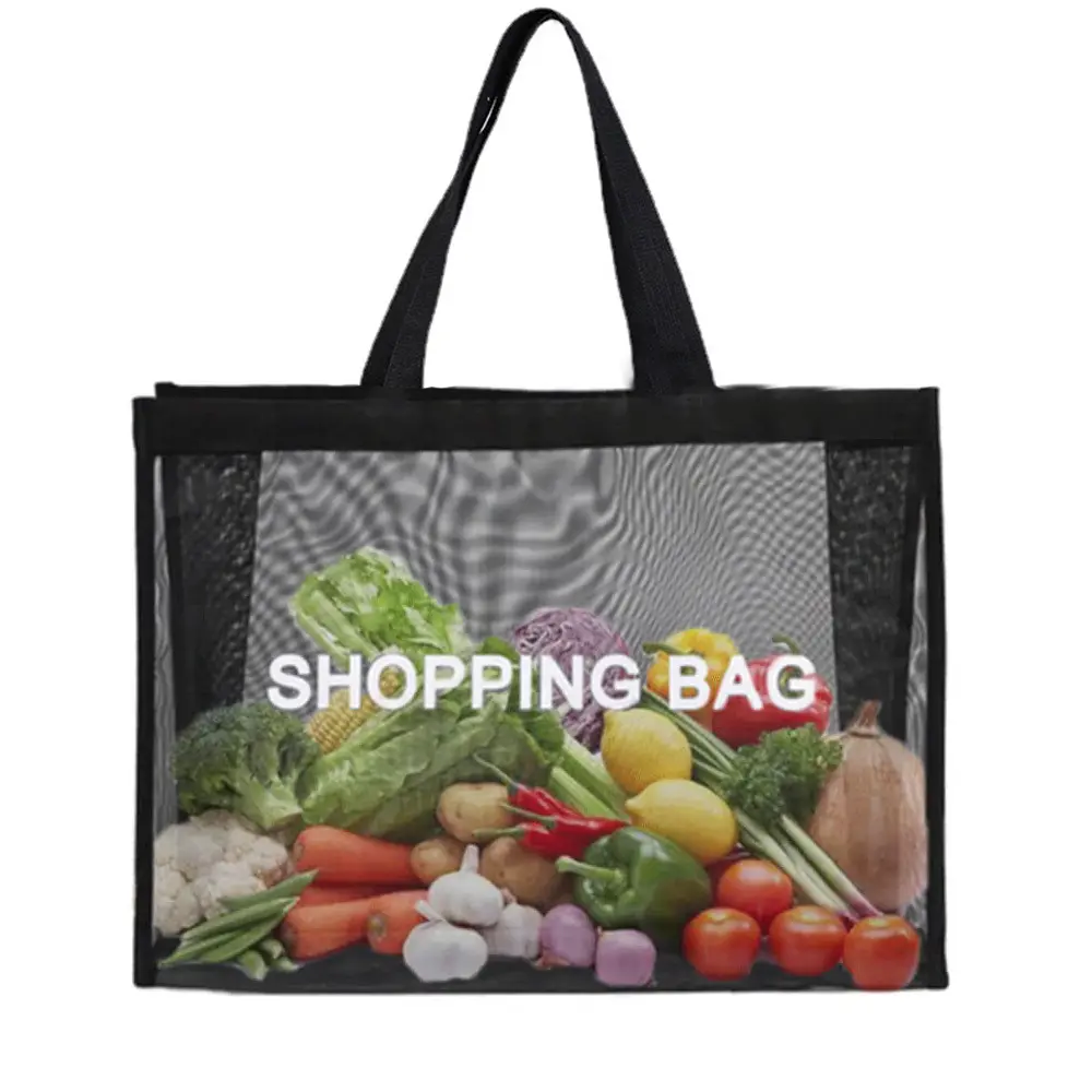 Custom Logo Black Grey Net Fruit Vegetable Carrying Grocery Tote Shoulder Nylon Mesh Shopping Bag