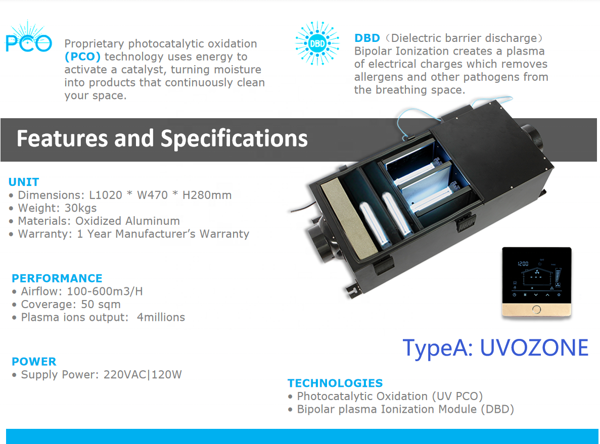 220V 600m3/h ceiling mounted air purifier hospital medical grade by photocatalyst oxidation air cleaner