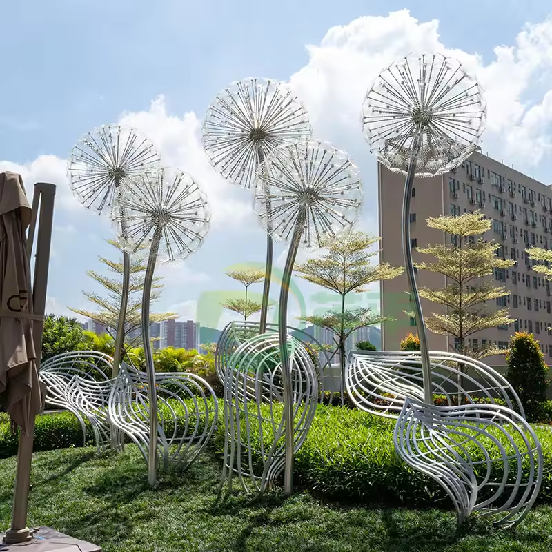 Outdoor large Creative Sculpture Landscape Art Garden Square Decoration Metal Dandelion Stainless Steel Sculpture