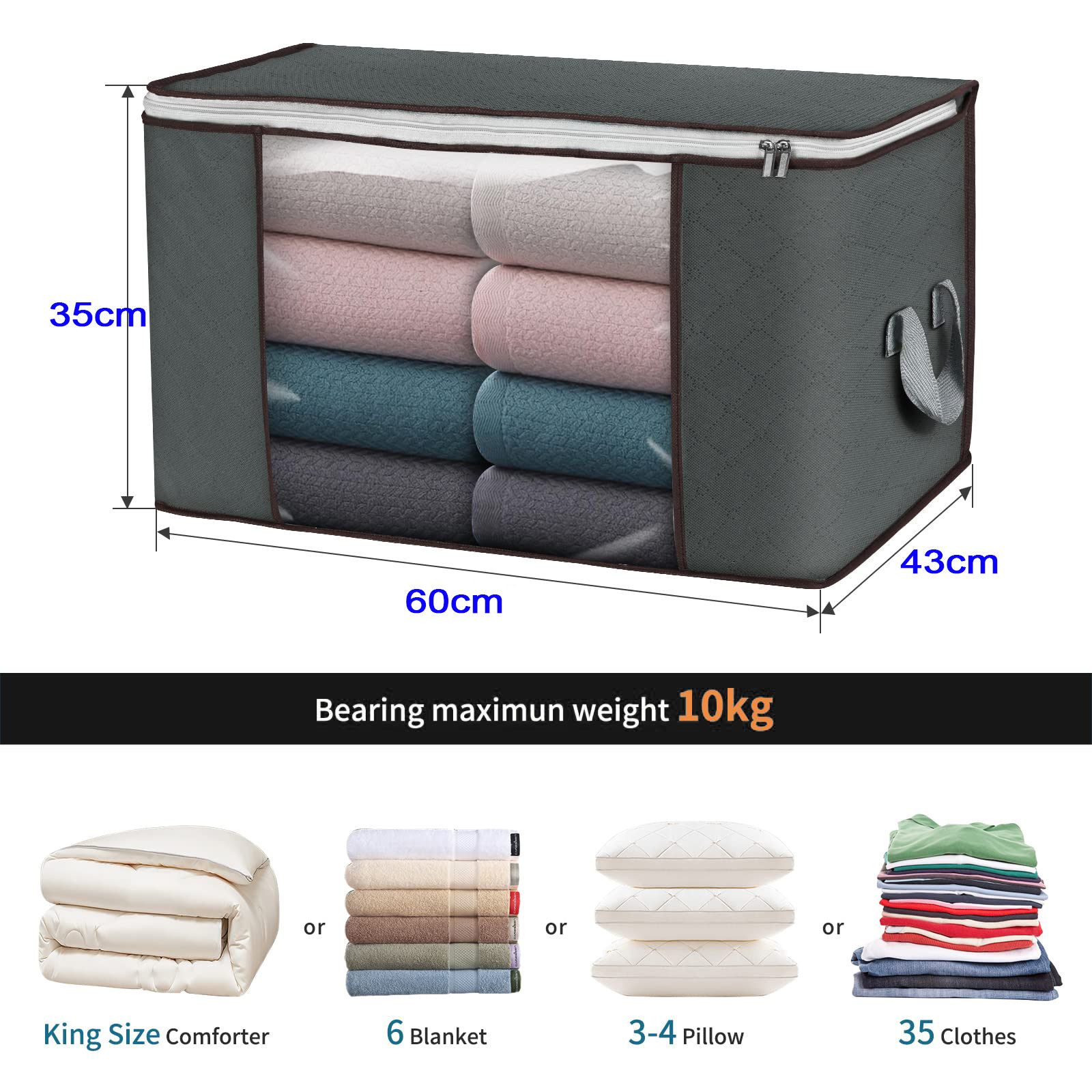 90L Large  Bags 6 Pack Clothes Bins Foldable Closet Organizer Containers Non Woven Collapsible Storage  Box