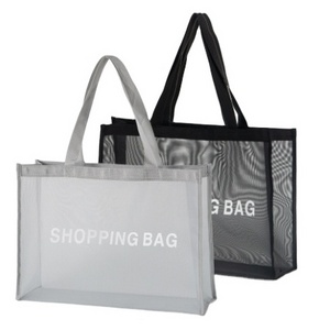 custom logo large size luxury nylon tote mesh shopping bag for brand clothes store nylon mesh beach handbag