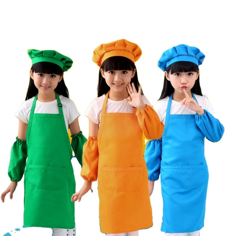 Polyester Child Aprons With 2 Pockets Kitchen Bib Aprons For Kitchen Cooking Baking Kids Apron And Chef Hat Set