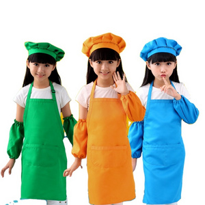 Polyester Child Aprons With 2 Pockets Kitchen Bib Aprons For Kitchen Cooking Baking Kids Apron And Chef Hat Set