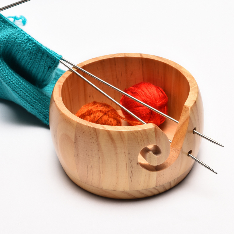 2023 New Design handmade round bamboo wooden textile yarn bowl Knitting Wool Storage Basket with Holes for yarn