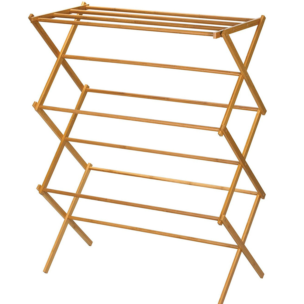 Wholesale Home Use Three-Layer Clothes Storage Bamboo Clothing Laundry Dryer Hanger Rack Solid Wood Folding Bamboo Rack