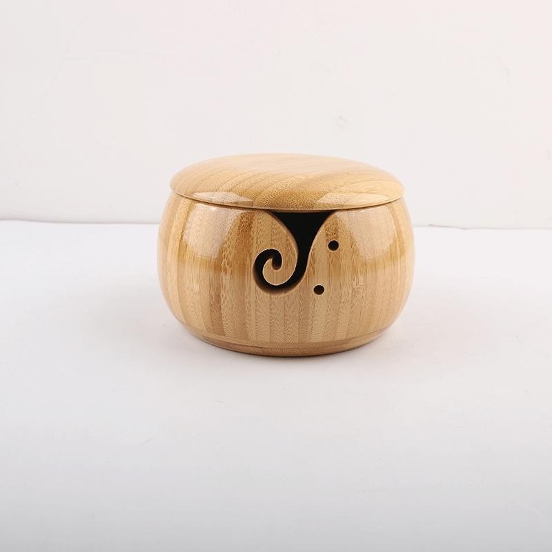 2023 New Design handmade round bamboo wooden textile yarn bowl Knitting Wool Storage Basket with Holes for yarn