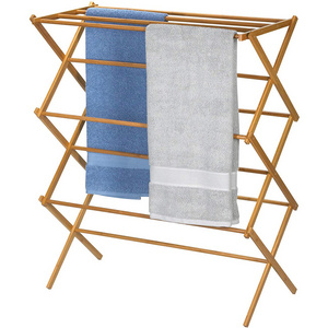 Wholesale Home Use Three-Layer Clothes Storage Bamboo Clothing Laundry Dryer Hanger Rack Solid Wood Folding Bamboo Rack