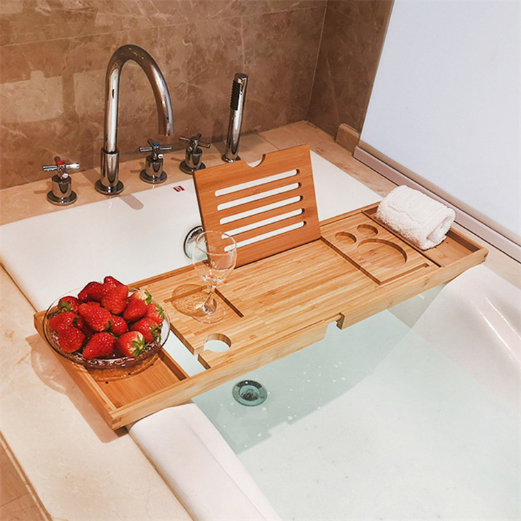 New Extendable Bamboo Bathtub Tray Spa Bathtub Caddy Organizer Rack Book Wine Table Holder Nonslip Bottom Bath Tub Tray Shelf