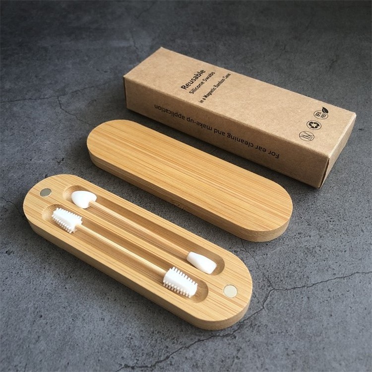 Qtips Lipstick Bamboo Sticks Cosmetic Swab Ear Cleaning Buds Reusable Silicone Cotton Swabs in Bamboo Case