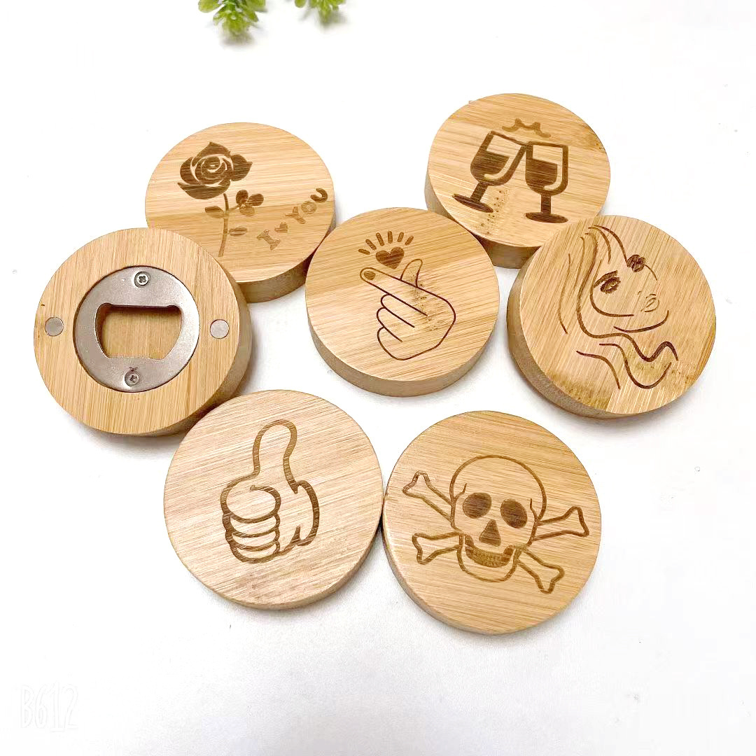 Custom Pattern Round Shape Wooden Bamboo Fridge Magnet Beer Drinks Stainless Steel Bamboo Magnetic Bottle Opener