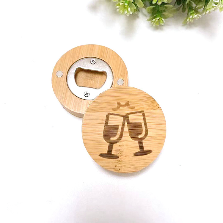 Custom Pattern Round Shape Wooden Bamboo Fridge Magnet Beer Drinks Stainless Steel Bamboo Magnetic Bottle Opener