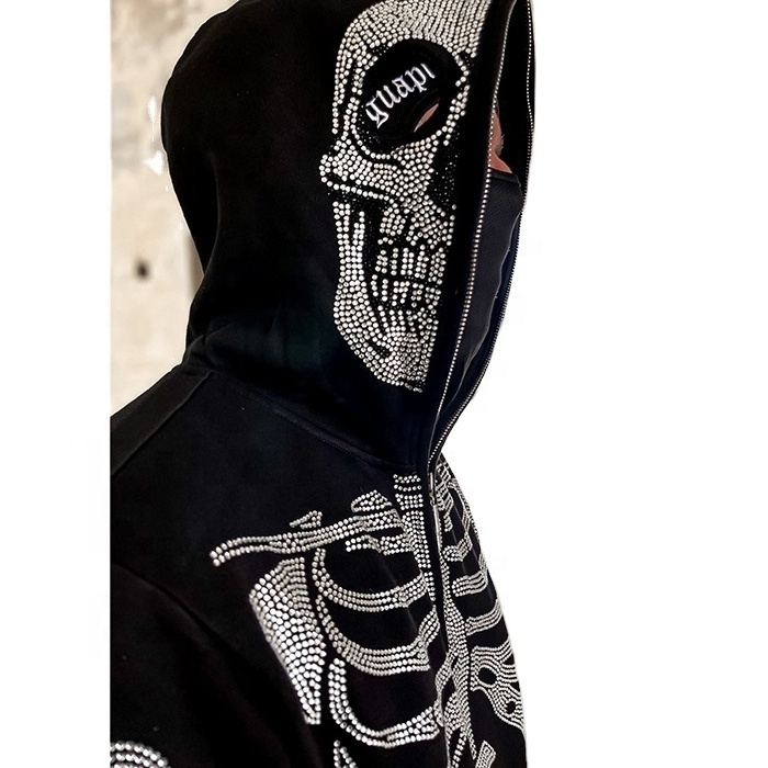 OEM Custom LOGO Rhinestone Men's Hooded Oversized Hoodie Zipper Sweatshirts Men's Full Face Covering Skelton Hoodies