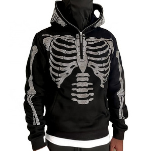 OEM Custom LOGO Rhinestone Men's Hooded Oversized Hoodie Zipper Sweatshirts Men's Full Face Covering Skelton Hoodies