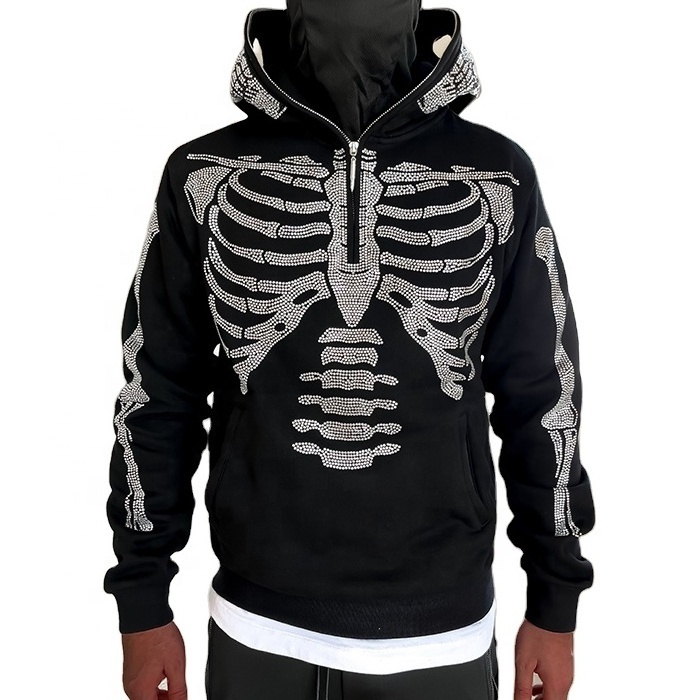 OEM Custom LOGO Rhinestone Men's Hooded Oversized Hoodie Zipper Sweatshirts Men's Full Face Covering Skelton Hoodies