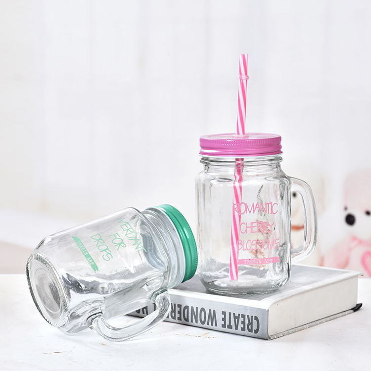 Clear water coffee jars cups beverage drinking mugs juice bottle 8 oz 16 oz glass mason jars with handle and straw lid wholesale