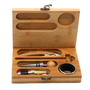 Wholesale Stainless Steel 5Pcs Bar Tools Wood Wine Bottle Accessory And Bamboo Wooden Box 5 Pieces Kit Wine Accessories Gift Set