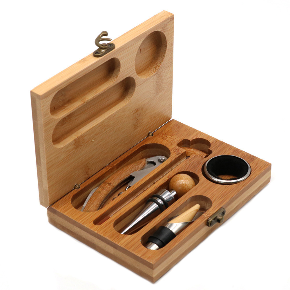 Wholesale Stainless Steel 5Pcs Bar Tools Wood Wine Bottle Accessory And Bamboo Wooden Box 5 Pieces Kit Wine Accessories Gift Set