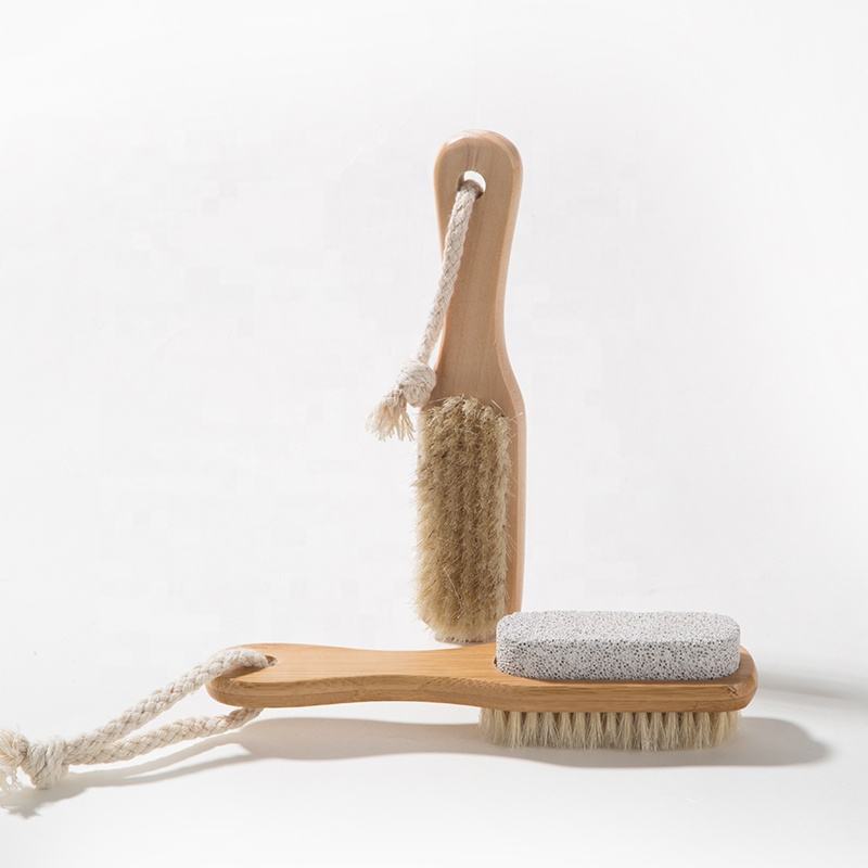 Natural Wood And Bristle Foot Nail Shower Brush With Pumice Stone Wooden Foot File Feet Brush