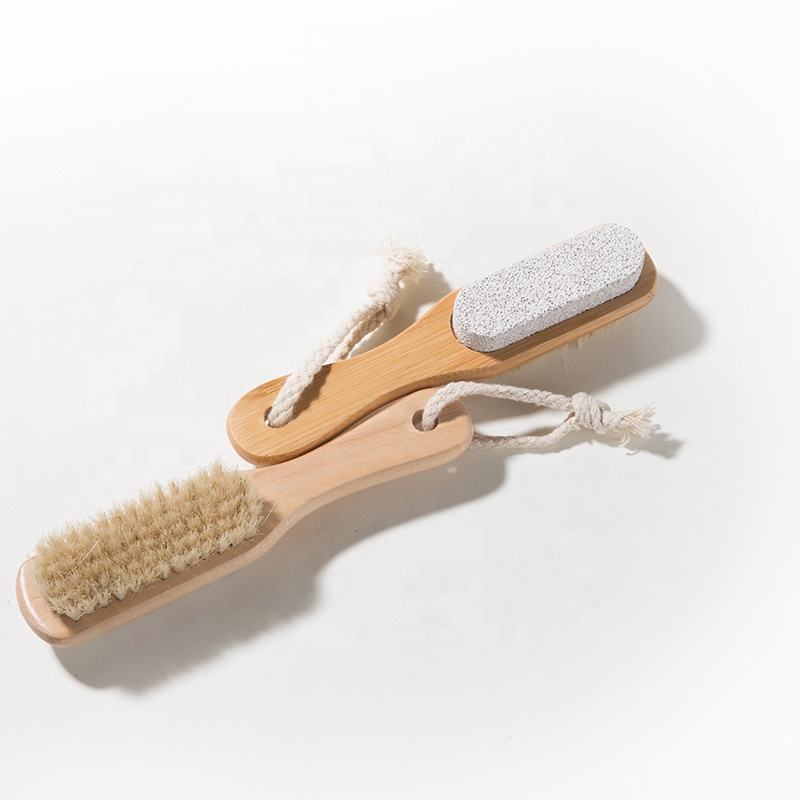 Natural Wood And Bristle Foot Nail Shower Brush With Pumice Stone Wooden Foot File Feet Brush