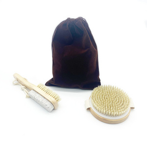 Wholesale Foot Shower Brush With Pumice Stone Massage Exfoliating Bath Brush Wooden Round Dry Body Brush Set With Boar Bristles