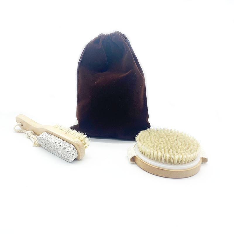 Wholesale Foot Shower Brush With Pumice Stone Massage Exfoliating Bath Brush Wooden Round Dry Body Brush Set With Boar Bristles