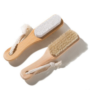 Natural Wood And Bristle Foot Nail Shower Brush With Pumice Stone Wooden Foot File Feet Brush