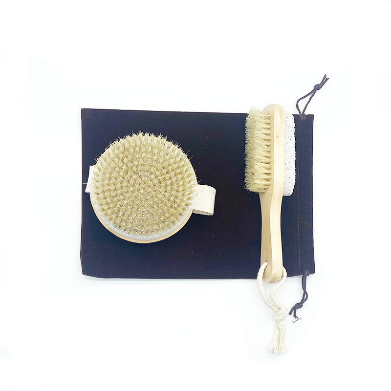 Wholesale Foot Shower Brush With Pumice Stone Massage Exfoliating Bath Brush Wooden Round Dry Body Brush Set With Boar Bristles