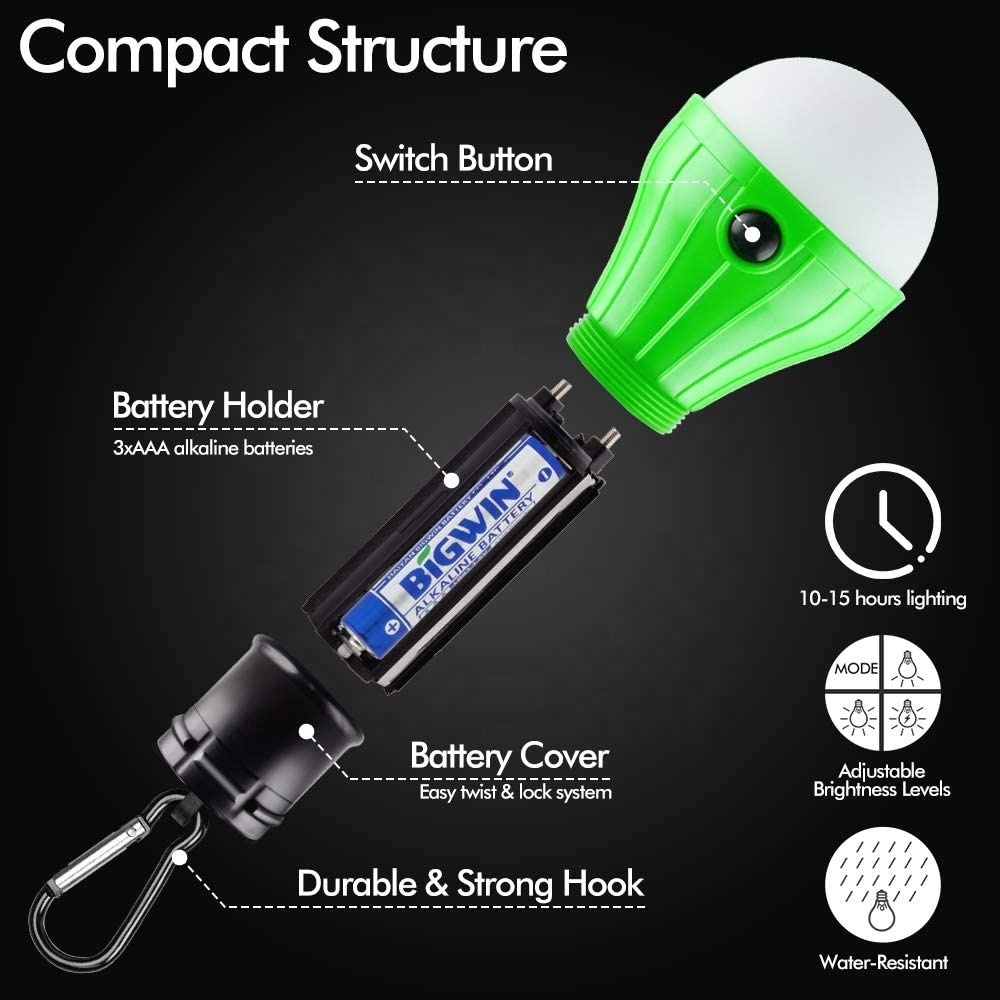 Dry Battery Camping Lamp Portable Waterproof Bulb Shape Small Hanging Tent Light with hook