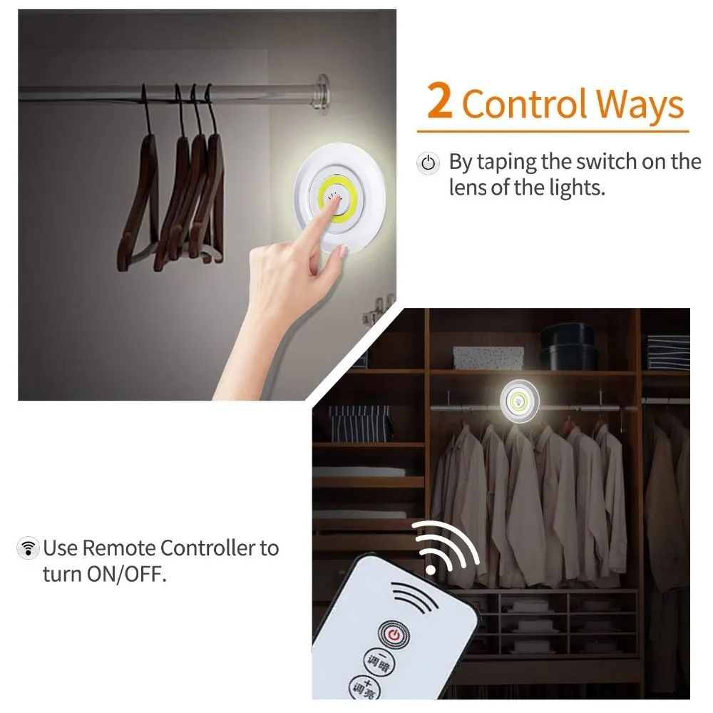 General Popular Ultra Bright Remote Control COB Push Light Under Cabinet Light Sticky Wall Light