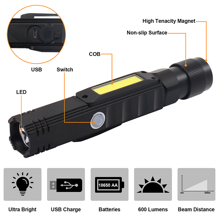 Low price guaranteed quality led rechargeable flashlight usb rechargeable