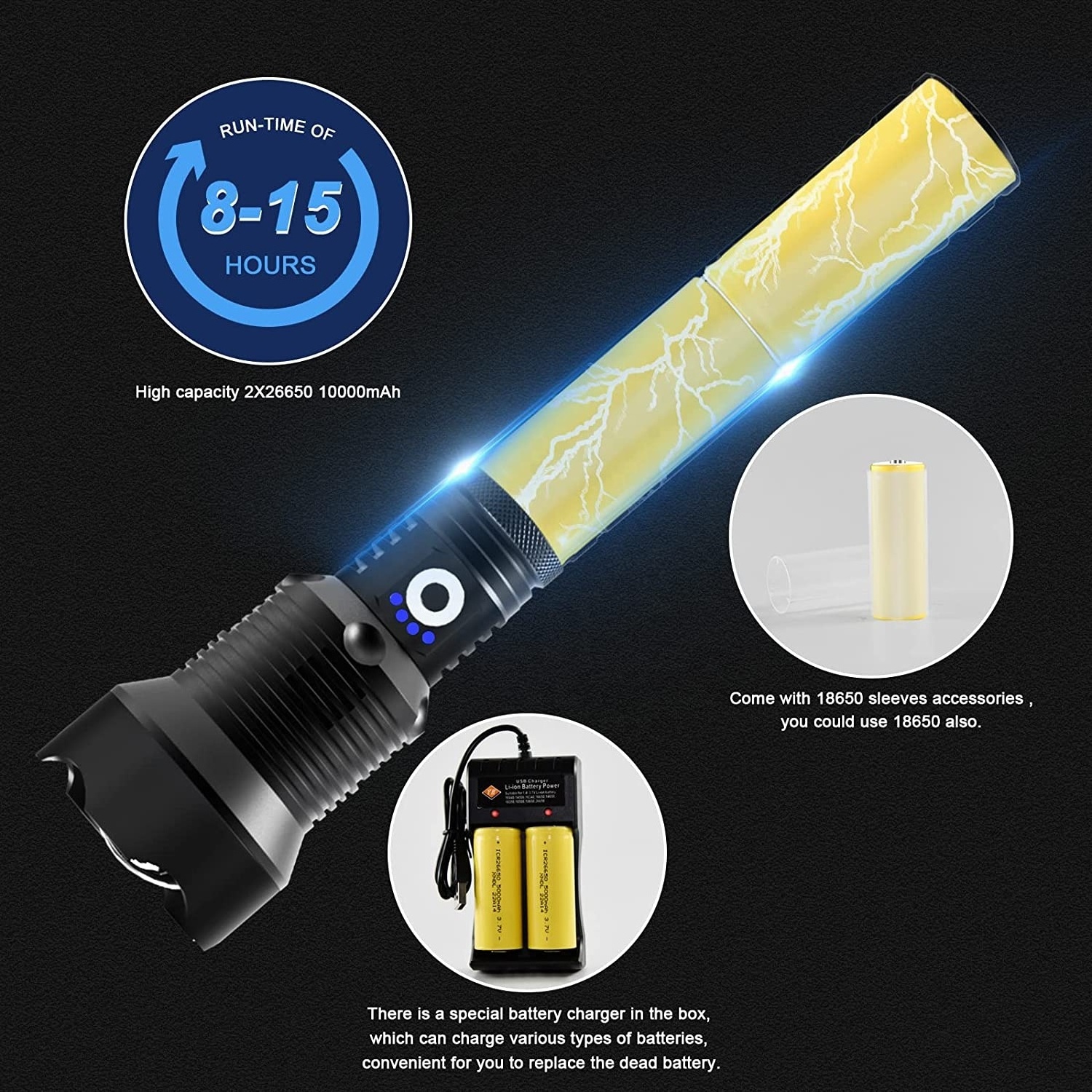 Xhp70.2 High Lumen Flashlight 3000 Lumen Hand Torch Light Zoomable aluminum Rechargeable Flashlight