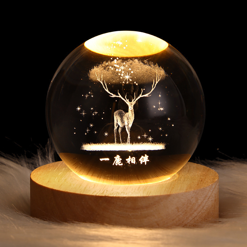 Christmas Gift 3D Crystal Ball Wooden Base Solar System Planet LED Light Bedroom Table Desk Decoration Night Light