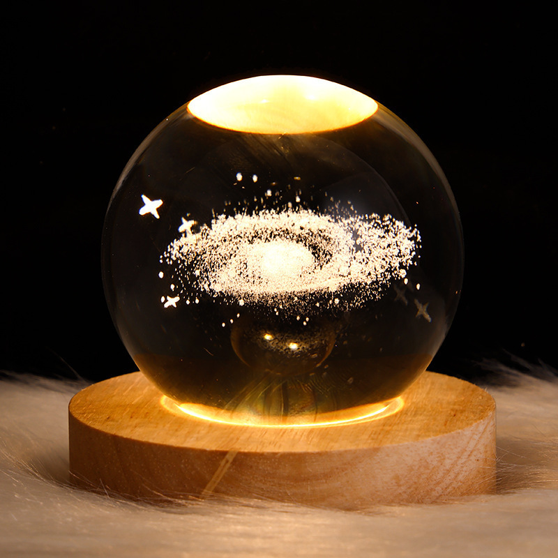 Christmas Gift 3D Crystal Ball Wooden Base Solar System Planet LED Light Bedroom Table Desk Decoration Night Light