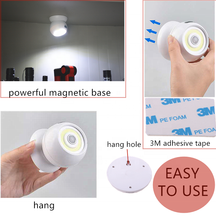 360 Degree Rotating Round Portable Battery Operated COB Motion Sensor Light with Magnetic base