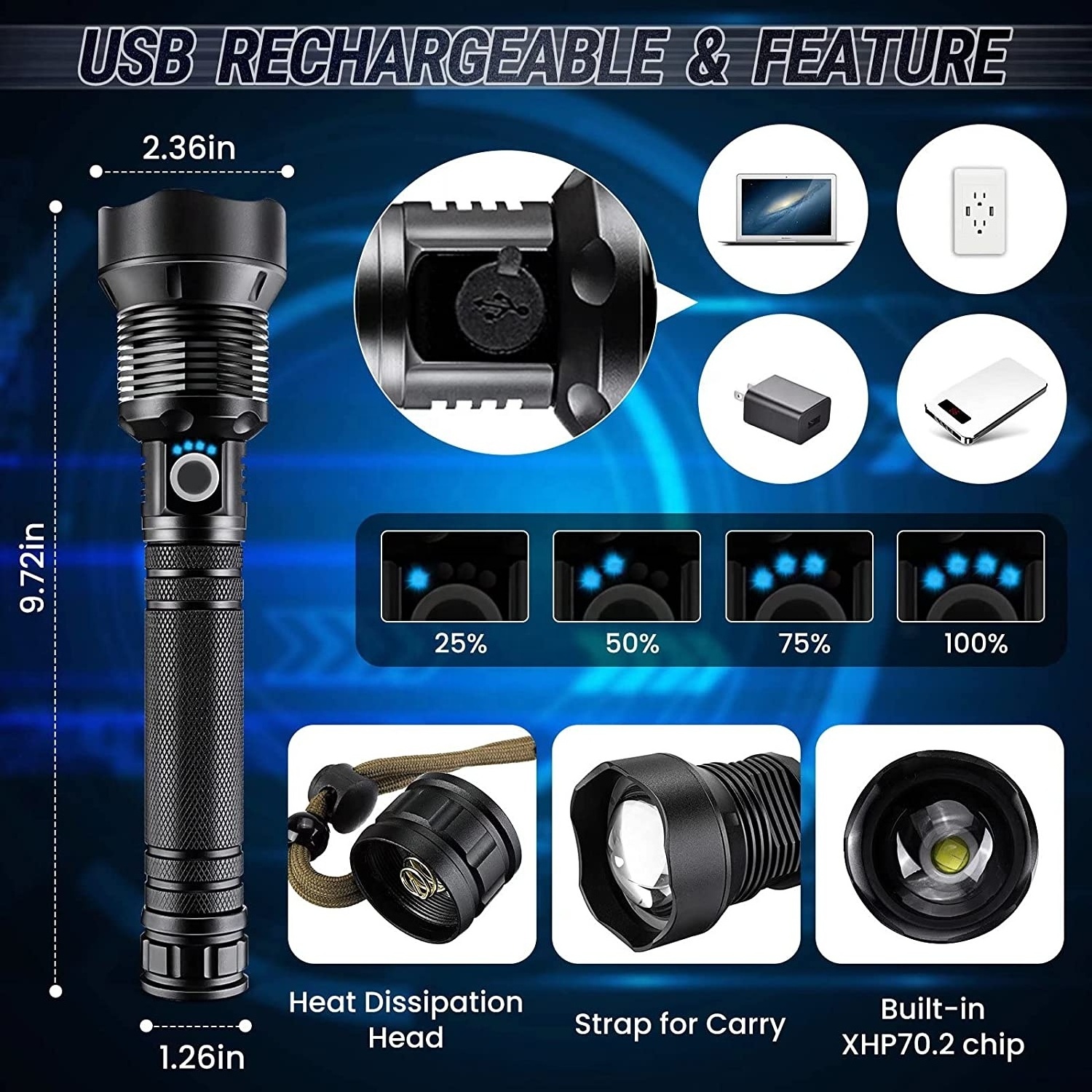 Xhp70.2 High Lumen Flashlight 3000 Lumen Hand Torch Light Zoomable aluminum Rechargeable Flashlight