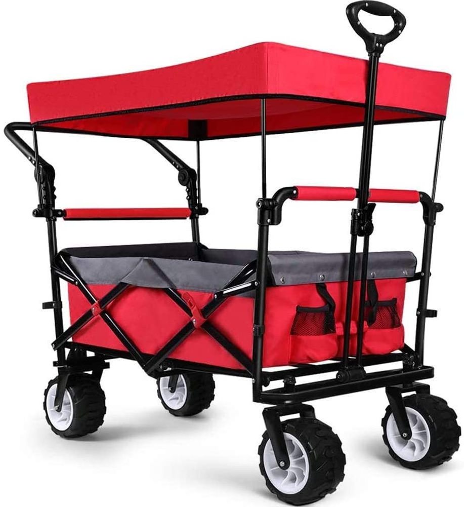 Outdoor Folding Utility Cargo Wagon Cart with Removable Canopy Cup Holders Folding Wagon Cart