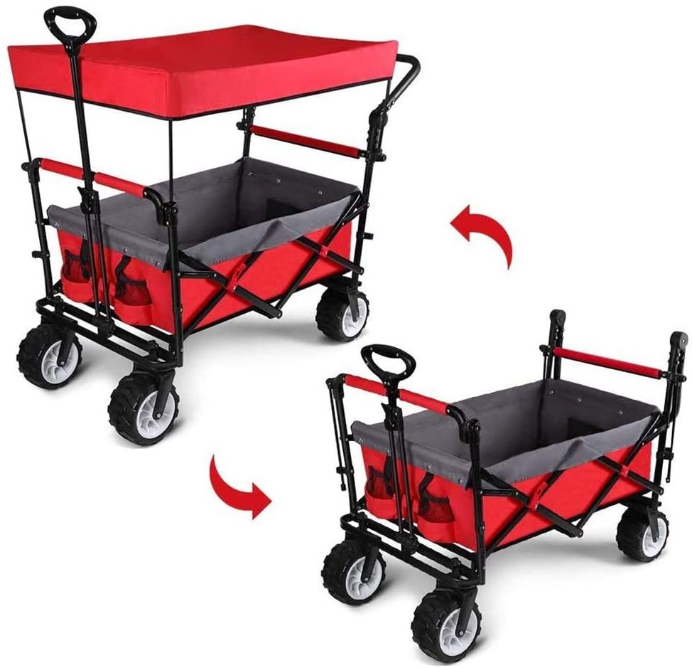 Outdoor Folding Utility Cargo Wagon Cart with Removable Canopy Cup Holders Folding Wagon Cart