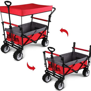 Outdoor Folding Utility Cargo Wagon Cart with Removable Canopy Cup Holders Folding Wagon Cart