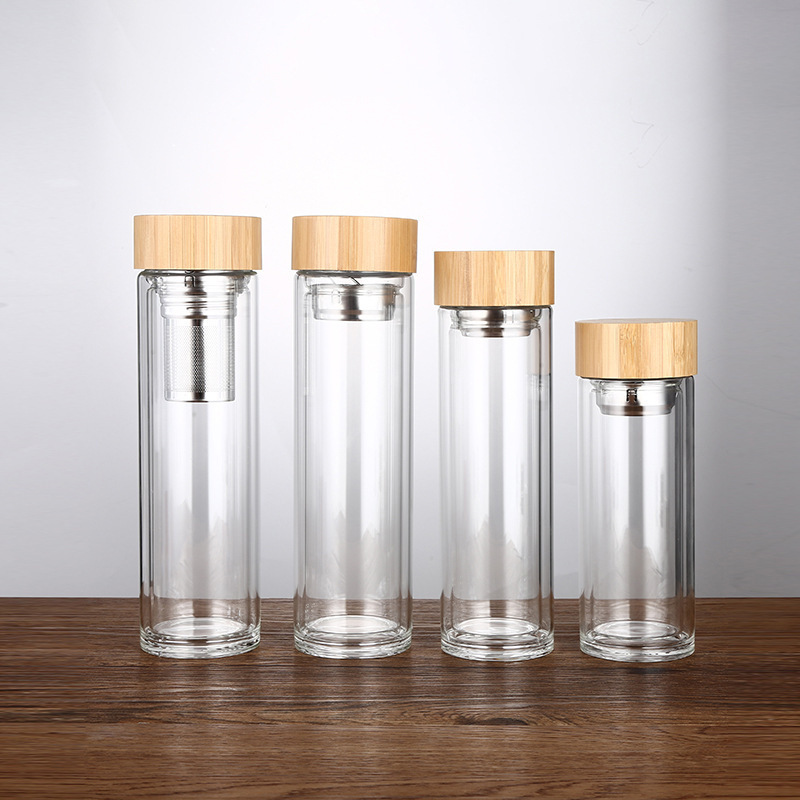 Glass Water Bottle with Tea Infuser Double Walled Borosilicate Glass Travel Tumbler with Bamboo Lid