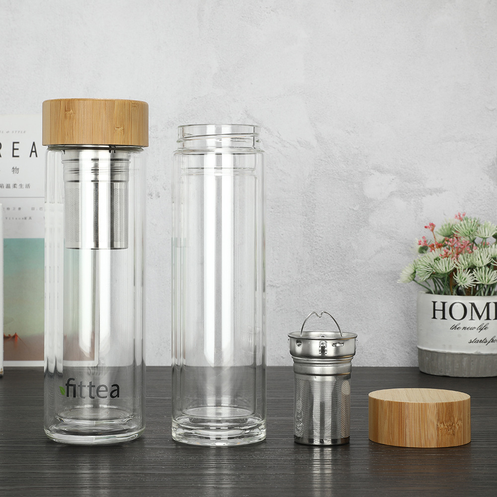 Glass Water Bottle with Tea Infuser Double Walled Borosilicate Glass Travel Tumbler with Bamboo Lid