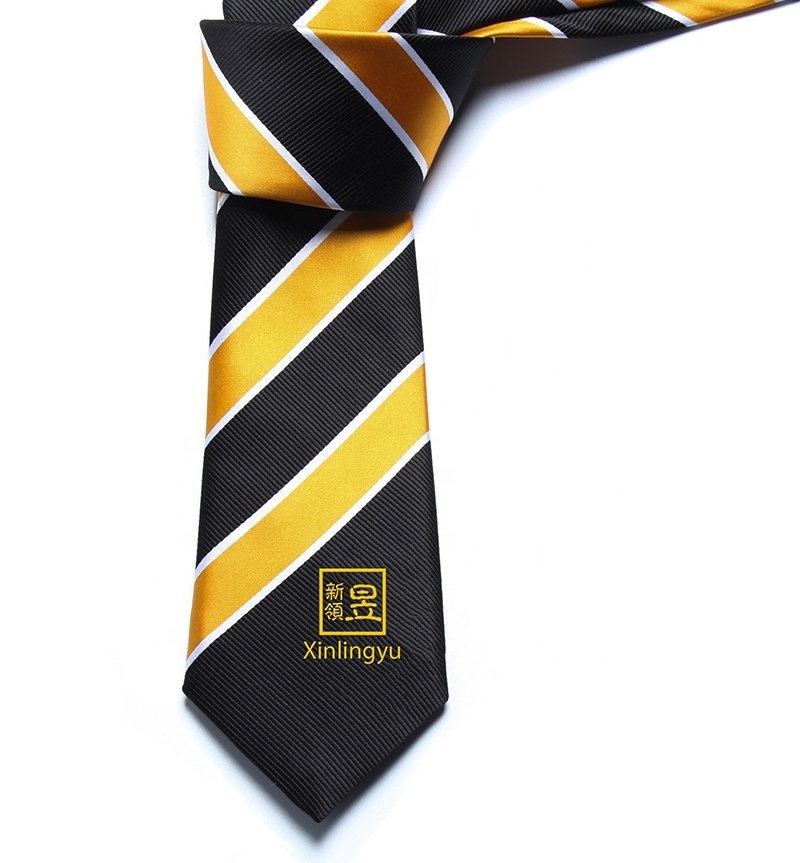 High quality microfiber woven jacquard yellow stripe custom logo school tie