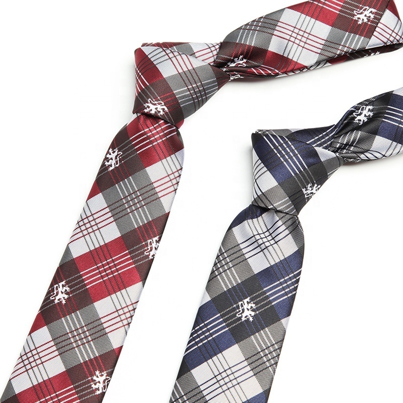 OEM Microfiber School tie Custom Embroidery Logo All Over Checked Plaid Tie With Logo